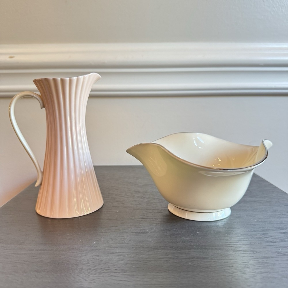 Lenox Bone China Devon 5" Bowl + Pink Fluted Pitcher Set USA‎ 24K Gold Trim